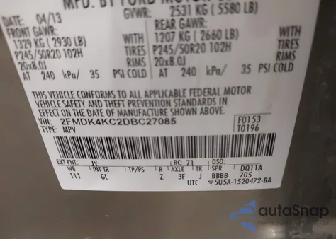 2013 Ford Edge Limited from USA, damaged, VIN 2FMDK4KC2DBC27085